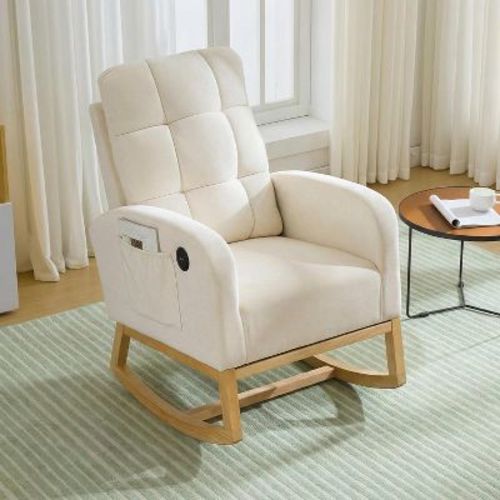 Nursery Glider Rocker Recliner Chair with Built-in USB Port, Storage Pocket in Linen Beige Fabric and Natural Wood Legs