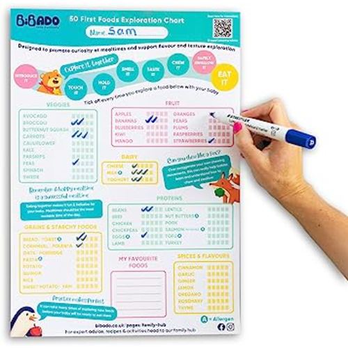 BIBaDO - 50 First Foods Tick Exploration Chart | Activity Poster For Baby Led Weaning | Helps to Introduce Known Allergens | 6 Months +