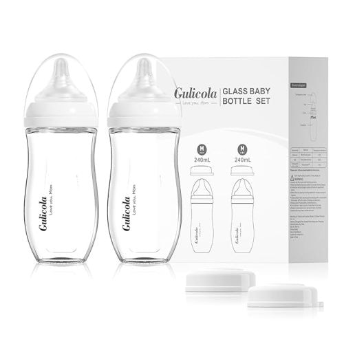 Natural Glass Baby Bottle for Breastfed Babies, Anti-Colic Baby Bottle Set with Medium Flow Nipple, 3 Months +, 8 oz, 2 Pack - White - 8 Ounce (Pack of 2)