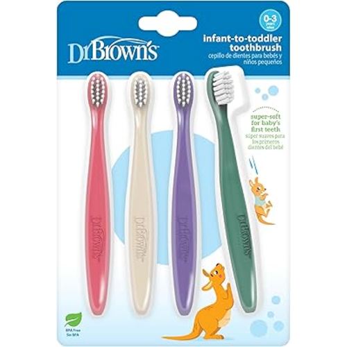 Dr. Brown's Infant-to-Toddler Toothbrush Set, Soft & Gentle Manual Toothbrushes for Baby, Pink/Ecru/Purple/Dark Green, BPA Free, 0-3 Years – 4-Pack
