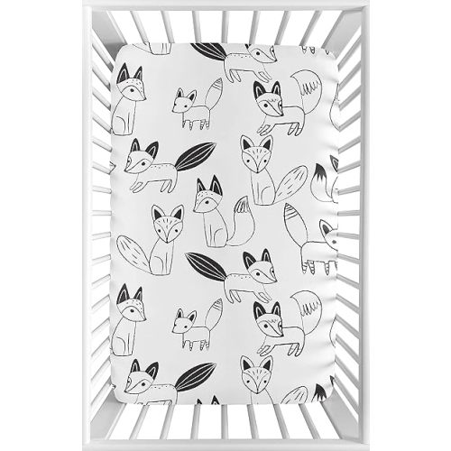 Sweet JoJo Designs Black and White Woodland Baby Boy or Girl Unisex Fitted Mini Portable Crib Sheet for Fox Collection - for Mini Crib or Pack and Play ONLY