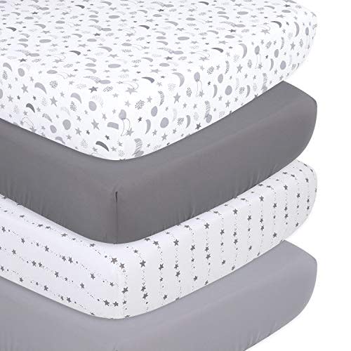 The Peanutshell Grey Moon & Stars Fitted Crib Sheet Set, 4 Pack Celestial Print, Grey & White