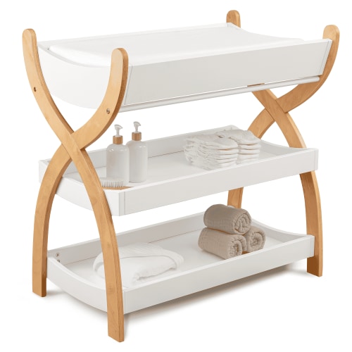 Comfy Cubs Baby Changing Table with Two Open Shelves for Storage - White with Natural Wood Legs