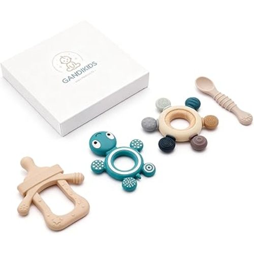 Baby Silicone Teething Ring Teether Gift Set for Boys and Girls Over 3 Months Soothes Gums Fits Small Hands Ergonomic Design Set of 4 Toys Ideal Gift Box BPA Free