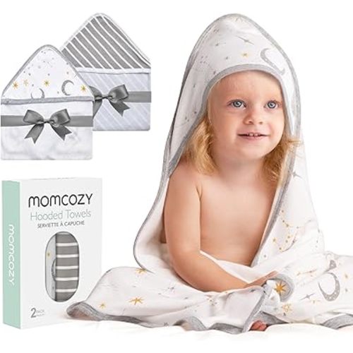 Momcozy Hooded Baby Towel, 2 Pack Baby Bath Towel with Large 35 X 35 Inch, Super Soft Cotton and Hooded Towel for Newborn, Toddler and Kid, Starry Sky