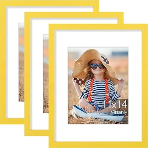 Vittanly 11x14 Picture Frame Set of 3, Display Pictures 8x10 with Mat or 11x14 without Mat for Wall Mounting or Tabletop, Photo Frames for Home Decor, Engineered Wood, Yellow