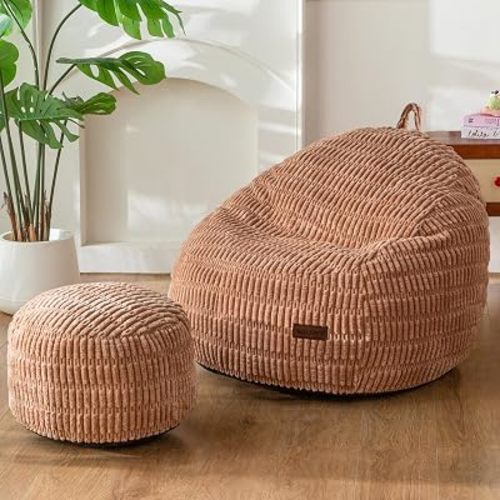 MAXYOYO Kids Bean Bag Chair with Ottoman, Soft Floor Bean Bag Sofa, Coffee