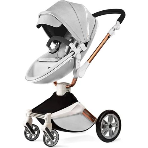 Hot Mom Upgrade Deluxe 2 in 1 Baby Stroller with 360° Rotation Function, PU Leather Impeccable Combination of Comfort & Aesthetics for Your Baby (Grey)