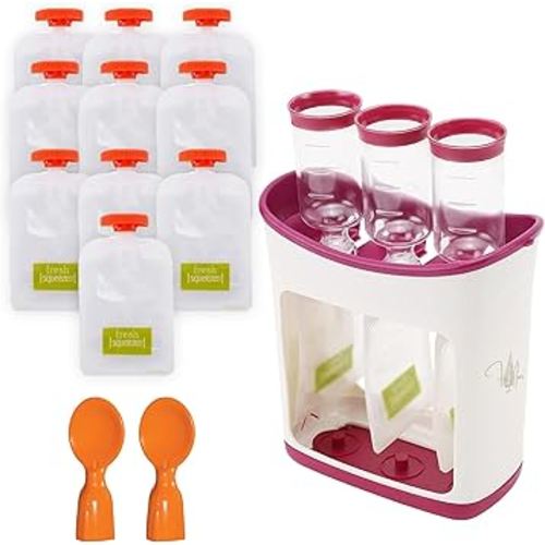 Squeeze Station - Baby Food Maker for Children with 10 Fresh Squeezed Pouches- Baby Pouch Maker for Semi-Solid Fresh Juice Portable - Easy to Clean-Dishwasher Safe for Homemade Baby Food by Fir Noir