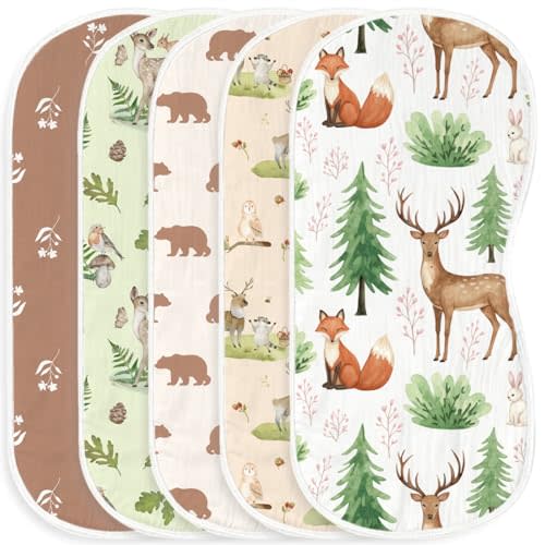 5pcs Woodland Baby Burp Cloths for Boys Girls Parent,100% Cotton Forest Animal Themed Muslin Burping Cloths,Burp Rags,Absorbent Spit-Up Cloths for Infant Newborns