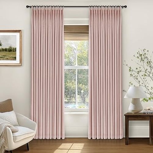 INOVADAY Pinch Pleated Curtains, 100% Light Blocking Linen Pinch Pleat Blackout Curtains for Bedroom, Thermal Insulated Blackout Drapes 2 Panels Set for Living Room -Blush Pink, W40 x L84