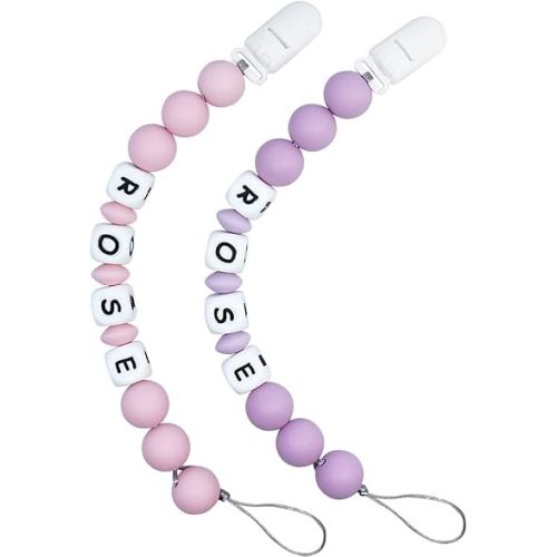 Pacifier Clip Personalized Name(2 Pack, LightPink+Lightpurple)
