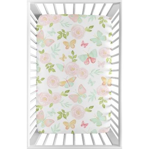 Sweet Jojo Designs Girl Baby Fitted Mini Crib Sheet Butterfly Floral Pink Green and White