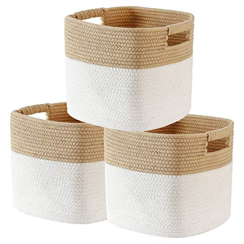 sunla 3-Piece Cotton Basket Set, Woven Square Storage Baskets, Foldable Cube Organizers for Clothes, Toys, Towels, 10.5 x 10.5 x 11 inches, Yellow White