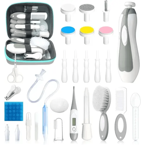 Baby Healthcare and Grooming Kit, 28 in 1 Portable Baby Essentials Kit Electric Nail Trimmer Set with Gas Relief Hair Brush Comb Nasal Aspirator for Newborn Boys Girls (Grey White)