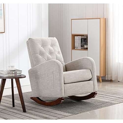 Modern Accent Rocking Chair, Upholstered Nursery Glider Rocker for Baby and Kids, Comfy Armchair with Side Pocket, Living Room Lounge Arm Chair, High Backrest with Decorative Buttons, Light Grey