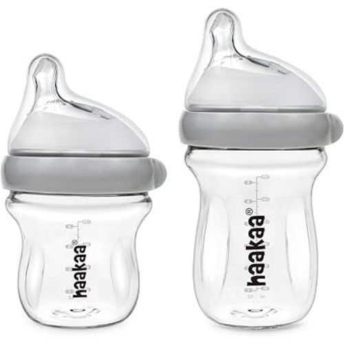 haakaa Gen.3 Natural Glass Baby Bottle Set 4.2oz & 6oz - Wide Neck Anti-Colic Slow Varibale Flow Nipple, 0M+ 3M+ 6M+ Breastfed Babies