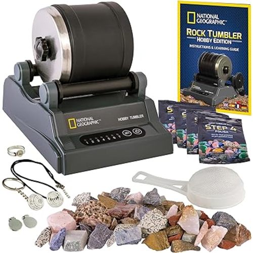 National Geographic Rock Tumbler Kit – Hobby Edition Includes Rough Gemstones, and 4 Polishing Grits, Great STEM Science Kit for Geology Enthusiasts, Rock Polisher for Kids and Adults