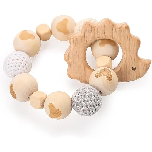 Baby Teething Toys Wooden Teethers BPA Free Wood Chewable Toys Natural Beech Baby Teething Ring Rattles (Hedgehog)