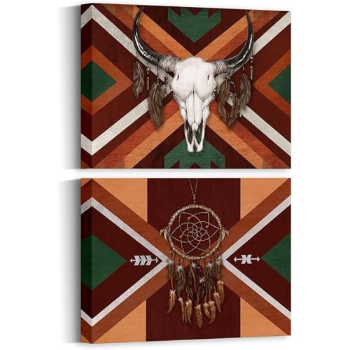 RnnJoile Aztec Wall Art Prints Southwestern Canvas Painting Bull Skull Dream Catcher Pictures Red Artwork for Bedroom Bathroom Decor Framed 12"x16"x2pcs