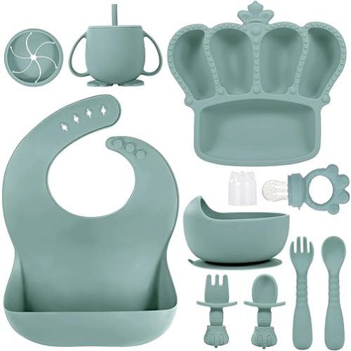 Silicone Baby Feeding Set 10 Pcs Baby Led Weaning Supplies Suction Bowl Divided Plate Baby Bibs Fruit feeder Pacifier Baby Spoons Forks Sippy Cup Utensil Sets Baby Essentials for Newborn Grey Blue