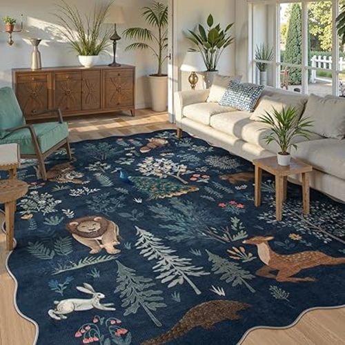 Jungle 8x10 Large Rugs for Living Room, Non Slip Washable Rugs for Kids Bedroom Ultra-Thin Dining Room for Under Table, Modern Animal Print Carpet for Office Nursery (Blue, 8'x10')