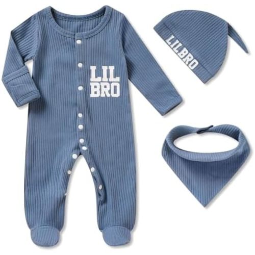 Newborn Infant Baby Boy Coming Homing Clothes Letter Print Button Knit Footed Romper Jumpsuit Hat Bibs 3pcs Outfit