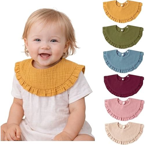 JumiLux Baby Cotton Muslin Ruffled Bibs-Set of 6 (Vivid Tone), Reversible Absorbent Bibs, Gift for Baby and Toddler