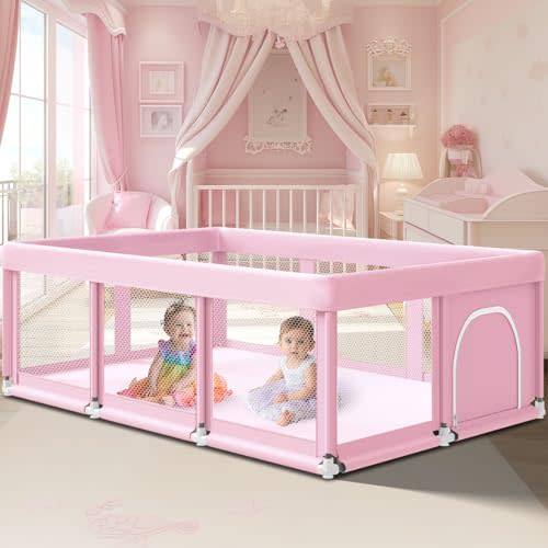 Fshibila 74" ×50" Large Baby Playpen, Baby Playard for Babies and Toddlers, Play Pens for Indoor & Outdoor, Sturdy Safety Play Yard with Soft Breathable Mesh, Anti-Fall, Pink