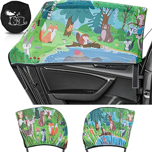 MOVINPE Car Window Shade for Baby, 2-Pack Breathable Mesh Rear Window Screens, Universal Stretchable Sun Shades, Heat and UV Block, Privacy Shield for Toddler Kids Babies (Forest Animals)