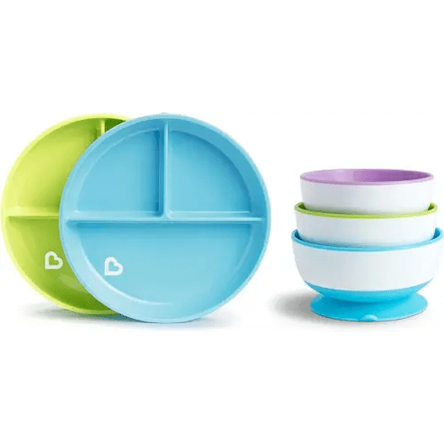 Munchkin® Stay Put™ Bowls and Divided Plates, 5 Pack, Blue/Green/Purple