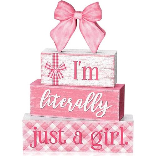 Yousoontic 4 Pcs Pink Bow Wooden Table Decorations Coquette Bow Signs Tiered Tray Decor Wood Cute Girly Preppy Ornaments Gift Rustic Farmhouse Centerpiece Tabletop Decor for Entryway Home Desk Room