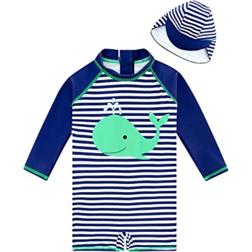 ADUKIDE Baby Boys Swimsuit Summer Beach Rash Guard Swimwear One Piece Sunsuit with Sun Hat 3-24 Months
