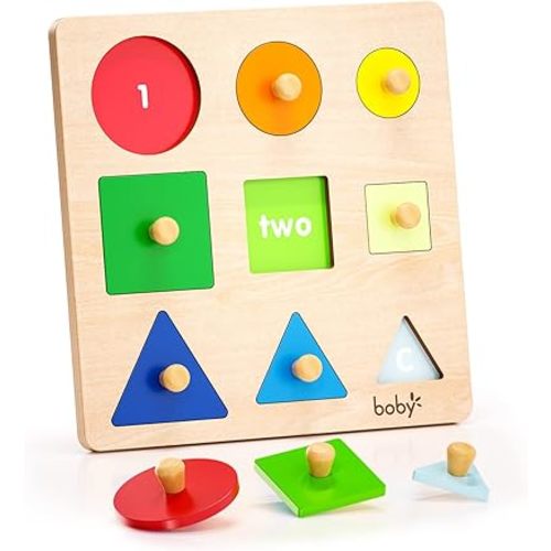 Boby Montessori Puzzles for Babies 12-18-24 Months, Wooden Jumbo Knob Peg Puzzle Shape sorter for Toddlers 1-3 Year Old, Early Learning Sensorial Toys (Shapes & Size Sorting Puzzle)