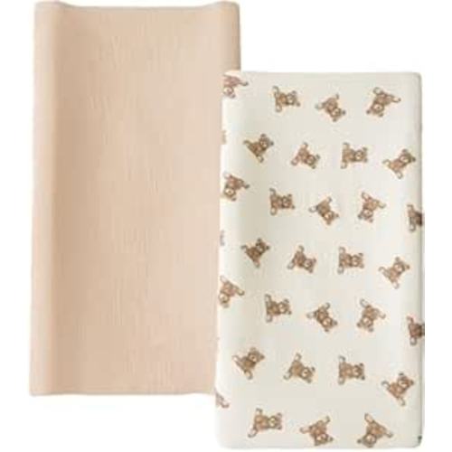 Muslin Changing Pad Cover for Baby Girls Boys, 100% Cotton Soft Breathable Changing Table Covers, Baby Diaper Change Table Pad Cover, 2 Pack (Teddy Bears & Khaki)