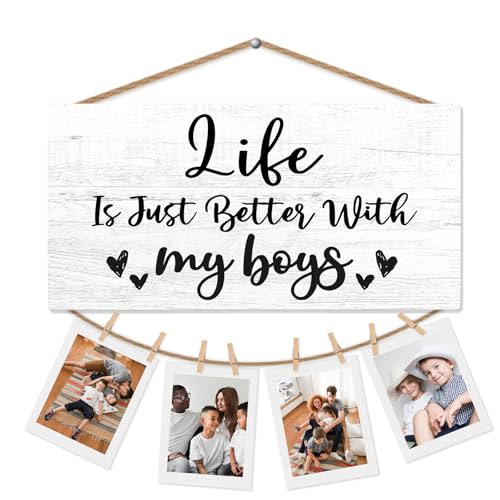 Life is Just Better with My Boys Picture Frame Photo Holder for Wall, New Mom Gifts, Boy Mama Gifts, Christmas Birthday Gift for Mother, Mom of Boys Hanging Photo Display