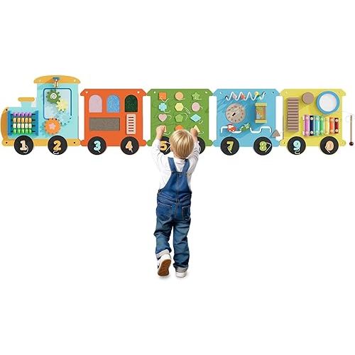 Cute Train Montessori Busy Board, Sensory Board, Activity Wall Busy Board Panels, Wall Furniture,Interactive Wooden Learning Toys for Boys and Girls, Perfect for Toddler Playroom