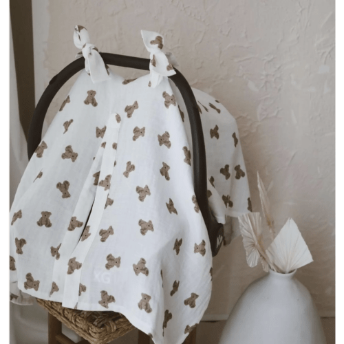Cotton Muslin Baby Car Seat Canopy Cover, Bow Accents, Stroller Protection