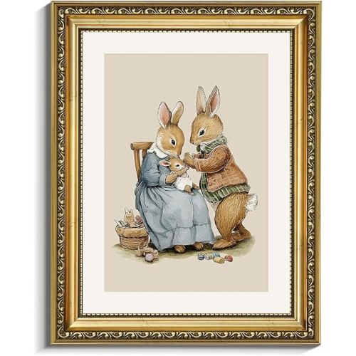 VIYYIEA Gold Framed Canvas Wall Art, 11x14 Inch Vintage Rabbit Family Illustration, Classic Storybook Animal Art for Nursery Kids Room and Home Decor