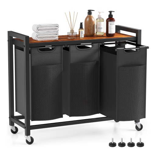 EDX Laundry Hamper with 3 Pull-Out Removable Laundry Bags, Shelf, Wheels, Adjustable Feet, 3 x 8.6 Gallons