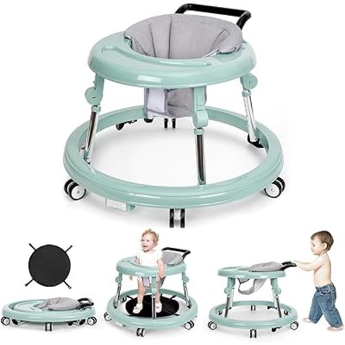 Baby Walker Foldable with 9 Adjustable Heights, Baby Walkers and Activity Center for Boys Girls Babies 6-12 Months, Baby Walker and Bouncer Combo with Wheels Portable Anti-Rollover