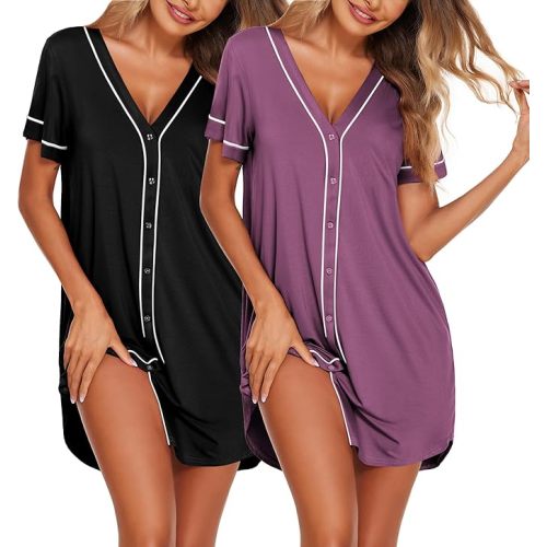 Ekouaer Nightgowns for Women 2 Pack Button Down Sleep Shirts Short Sleeve Night Shirts V Neck Sleepwear Soft Pajama Dress