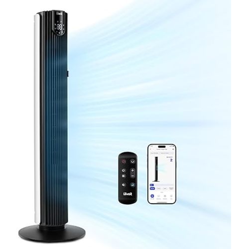 LEVOIT Smart 42 inch Tower Fan for Bedroom, DC motor, Oscillating with Quiet 26ft/s Velocity, 25dB Bladeless Floor Fan for Home Space, 12 Speeds, 4 Modes, 24H Timer with APP, Works with Alexa, Remoter