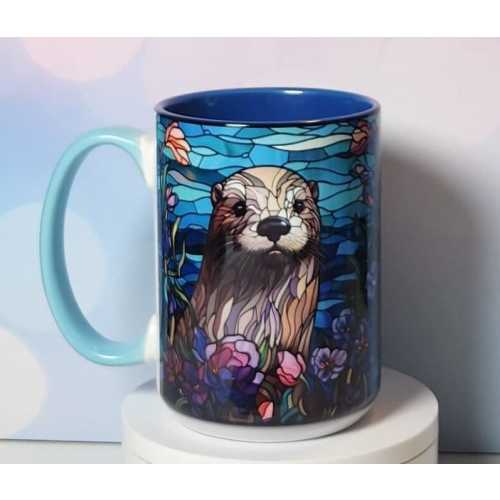 Sea Otter Ceramic Mug – 15 oz Blue Coffee Cup with Stained Glass Floral Design – Ocean Animal Lover Gift – Matches 20 oz Tumbler