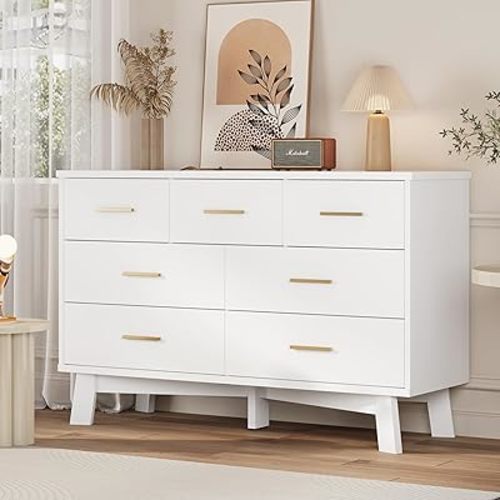 Dresser for Bedroom with 7 Drawer, Wood Modern Chest of Drawers with X-Shaped Sturdy Base, Wide Double Dresser Closet Clothes Storage Organizer, Wooden TV Stand for Living Room, Hallway, White