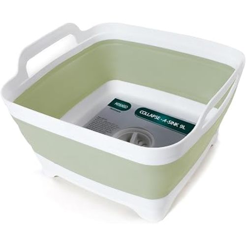 FOSJGO Collapsible Dish Basin with Drain Plug, 2.4 Gal (9L) Space-Saving Foldable Sink, Wash Basin for Kitchen, Baby Bottles, Vegetable Washing, Camping, RV and Party Beverage Tubs (Light Green)