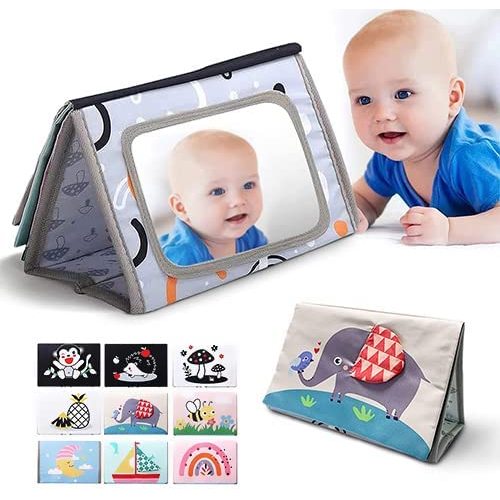 Baby Mirror Toys for Tummy Time,Newborn,Infant Essentials for Brain Development Montessori,0-3-6-12 Months old Boys,Girls Play,Activity Sensory Crinkle Soft Cloth Book Safe Floor Mirror Attachment
