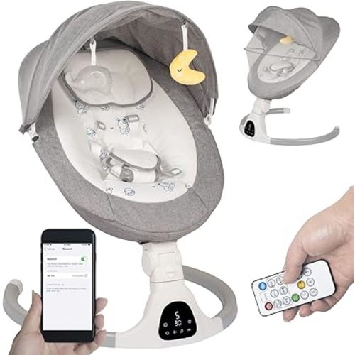 Baby Swing for Infants to Toddler Portable Babies Swing Timing Function 5 Swing Speeds Bluetooth Touch Screen Music Speaker with 10 Preset Lullabies 5-Point Carabiner (Light Grey)