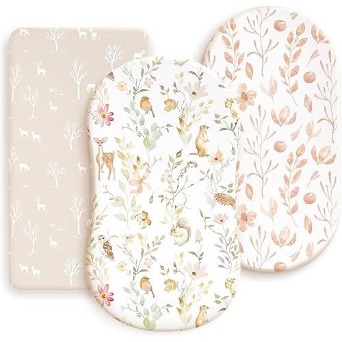 GRSSDER Stretchy Ultra Soft Fitted Bassinet Sheets 3 Pack, Universal Fit for Baby Cradle Moses Basket Oval Rectangle Mattress Safe and Snug, Beautiful Blush Pink Floral Bassinet Sheet for Girls