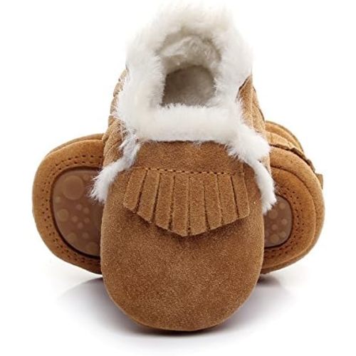 HONGTEYA Baby Moccasins with Fur Fleece Rubber Soles Warm Snow Boots Leather Baby Shoes for Boys Girls…